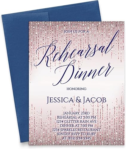 Modern Rehearsal Dinner Invitation, Rose Gold Glitter Rehearsal Dinner Party Invites, Your choice of Quantity and Envelope Color