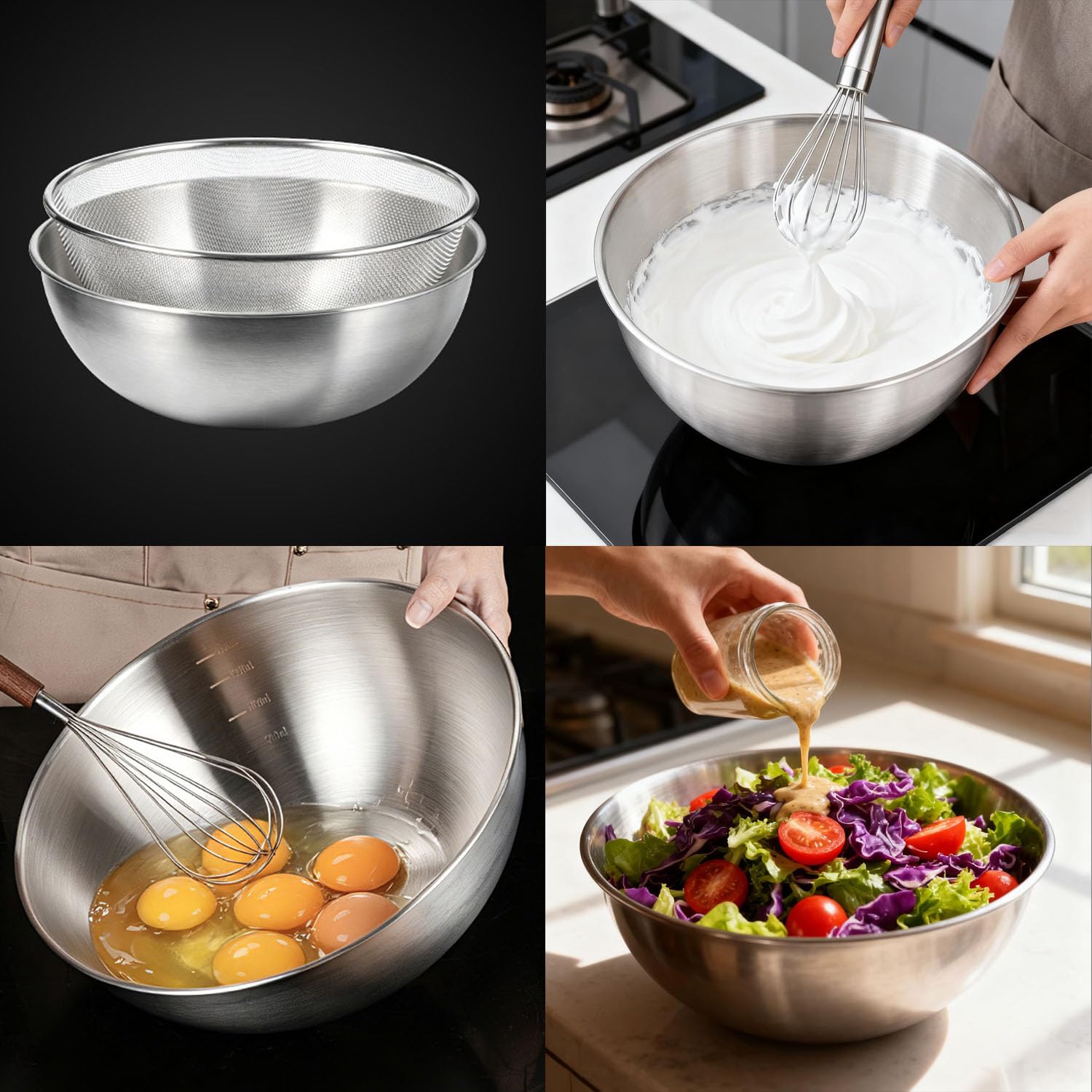 2-Teiliges 1200 ml Edelstahl Salatschüssel Set mit Sieb | 316er Schüssel 1200 ml 19 cm mit Skala, 304er Abtropfsieb 18 cm, Vielseitig zum Waschen, Sieben, Servieren und Vorbereiten