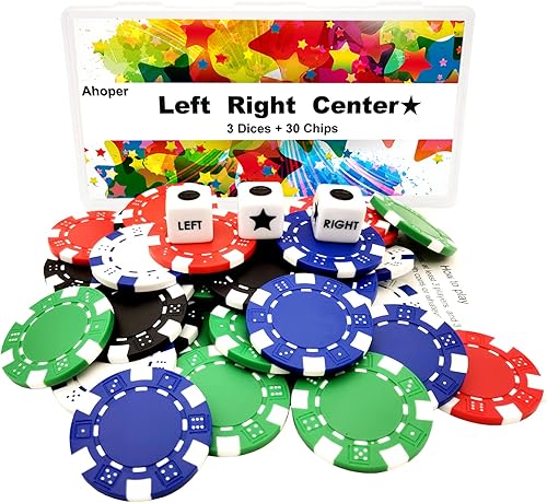 Miniatura 3 de Juego de dados de centro izquierdo y derecho con 3 dados + 30 fichas de póquer profesional, fichas de casino de 0.41 oz (5 colores mezclados)