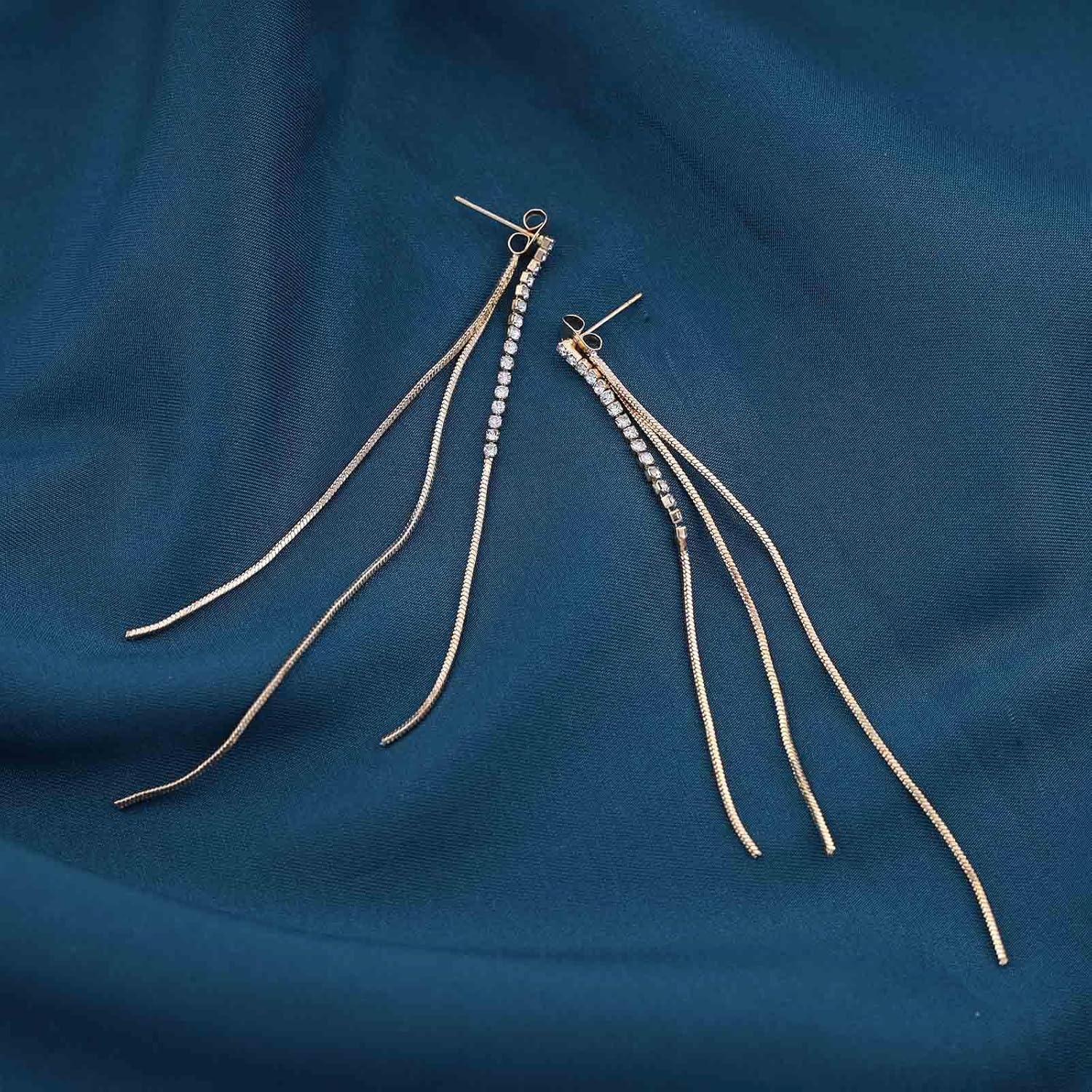 Andelaisi Boho Crystal Tassel Earrings Gold Long Chain Earrings Vintage Rhinestone Tassel Chain Earrings Wedding Bridal Crystal Chain Tassel Earrings Jewelry for Wedding Party - Image 3