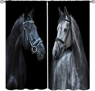 Horse Blackout Curtains for Home Decor,Black White Horse Herd Running Rod Pocket Thermal,Boys and Girls Bedroom Living Room Warming and Noise Reduction Drapes 42x45 Inch