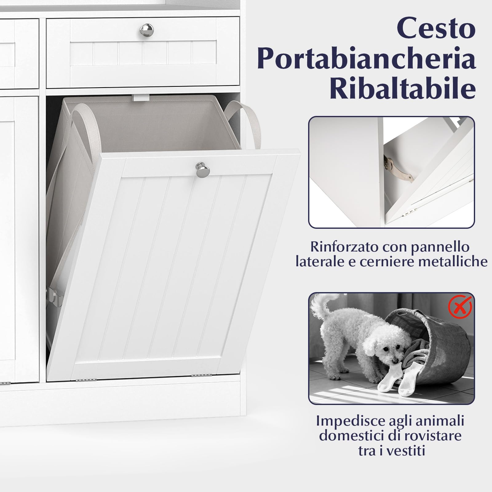 COSTWAY Mobiletto per Biancheria con 2 Cesti Ribaltabili, Mobile da Bagno Indipendente con Ripiano, 2 Cassetti e 2 Sacchi Porta Biancheria Rimovibili, Armadietto in Legno per Bucato (79 x 40 x 80 cm)