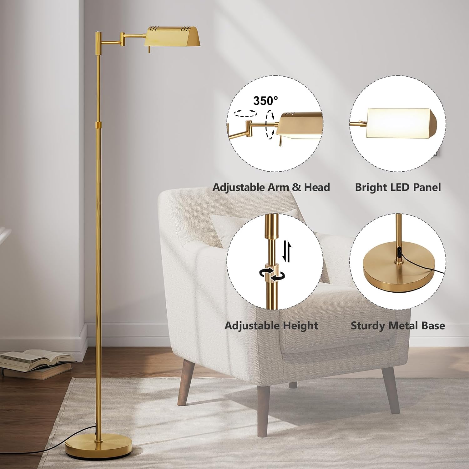 SUNMORY Dimmable LED Pharmacy Floor Lamp, 16W/1500LM Bright Reading Floor Lamp with Remote & Touch Control, 350°Swing Arm, Adjustable Task Craft Standing Lamp for Living Room Bedroom Office, Gold