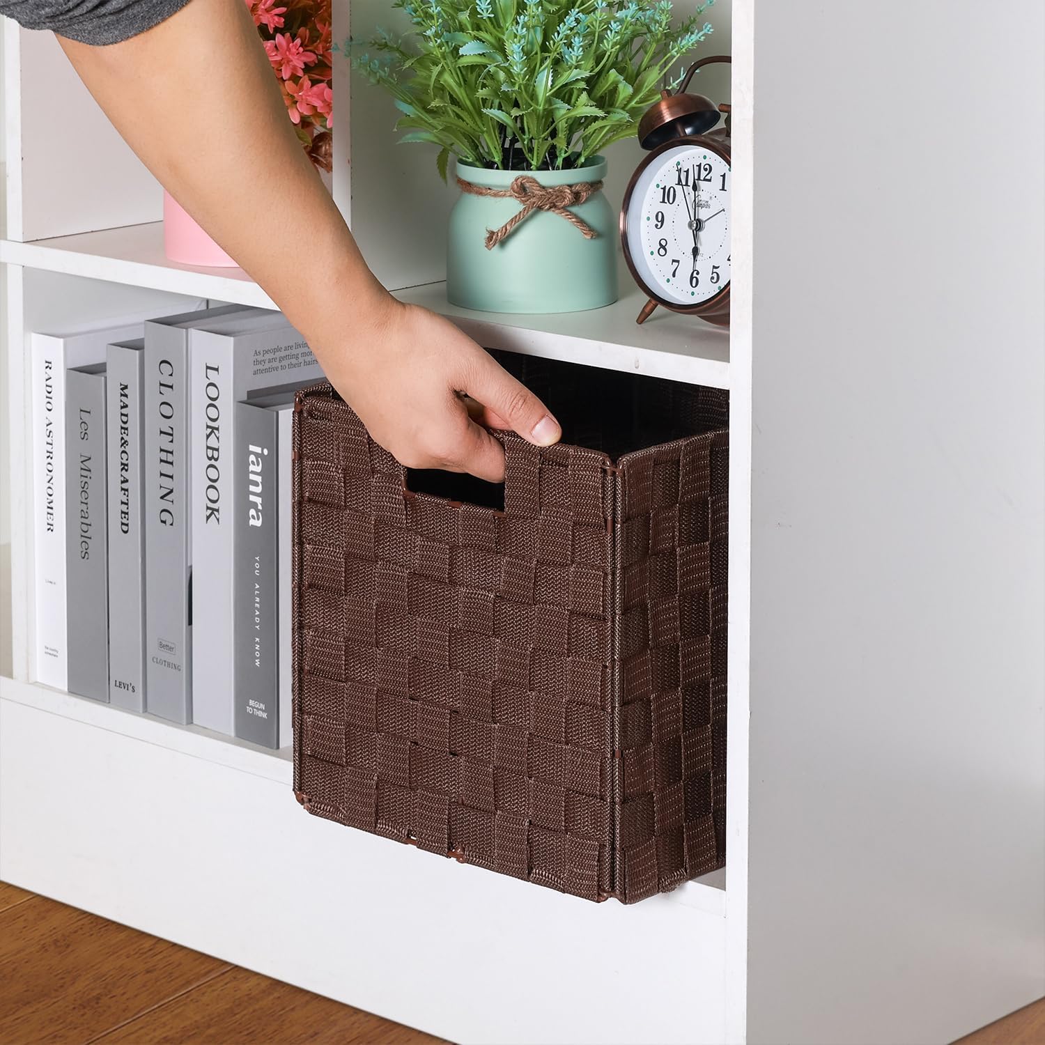 2-Pack Collapsible Ribbon Woven Storage Bins with Metal Structure, Shelf Basket, Pantry Organizer, Home Decorative Utility Cubes (11 x 11 x 11 in, Brown)