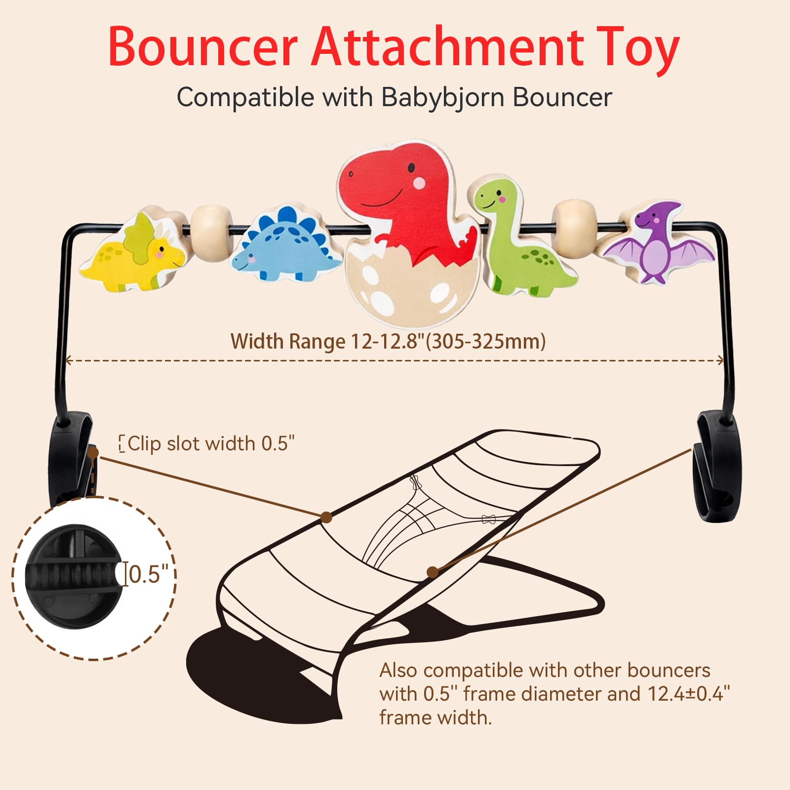 Spielzeug für Babywippe, Kompatibel mit BabyBjorn Wippe Balance Soft & Bliss, Drehbarer Holz Spielbogen für Babys, Sensorisches Entwicklungsspielzeug (Farbige Dinosaurier)