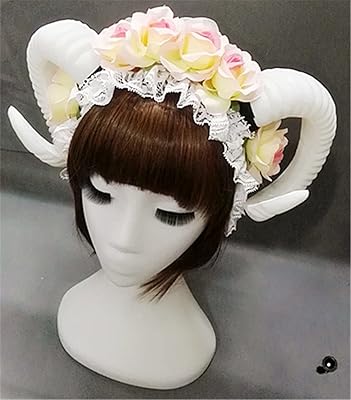 Lolita Fancy Dress Sheep Horns Headband With Rose Flowers Lace Halloween Headwear Costume accessory (A)