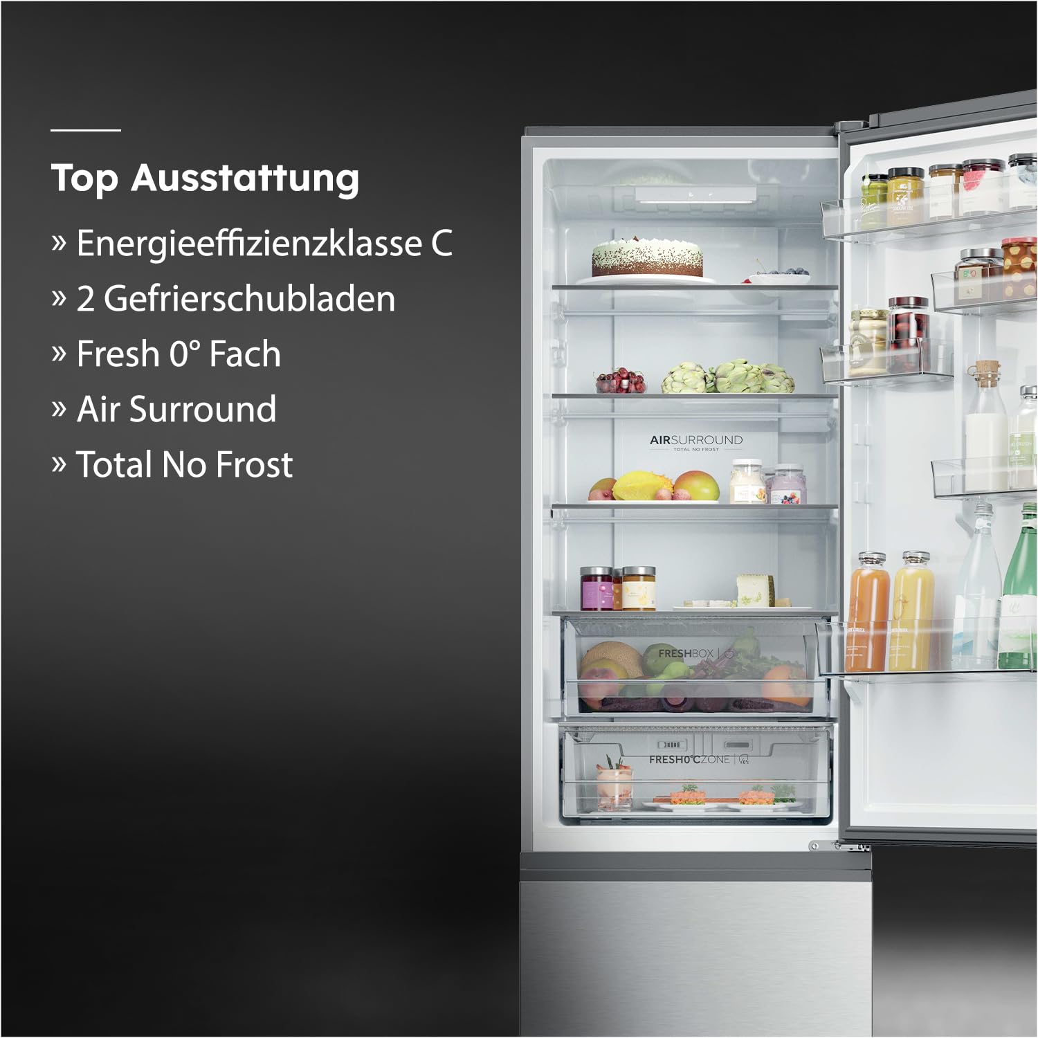 Haier Kühl-Gefrierkombination 3D 60 SERIES 3 PRO HTR3620CNMG I 2,05 m, No Frost I Energieeffizienzklasse C I Kühlschrank mit Gefrierfach freistehend, Fassungsvermögen 414L I Fresh 0°-Fach