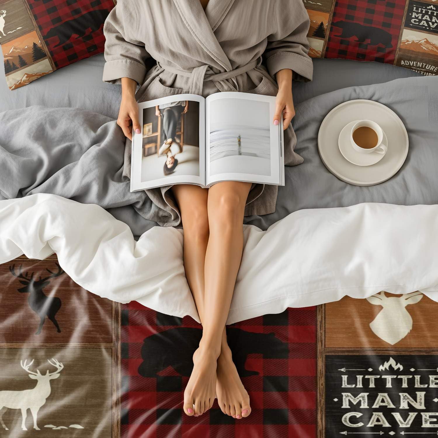 Juego de funda de edredón con estampado de oso y ciervo a cuadros rojos y negros, ropa de cama para niños, ropa de cama de aventura al aire libre para niños, 3 piezas, diseño de estilo vintage (01