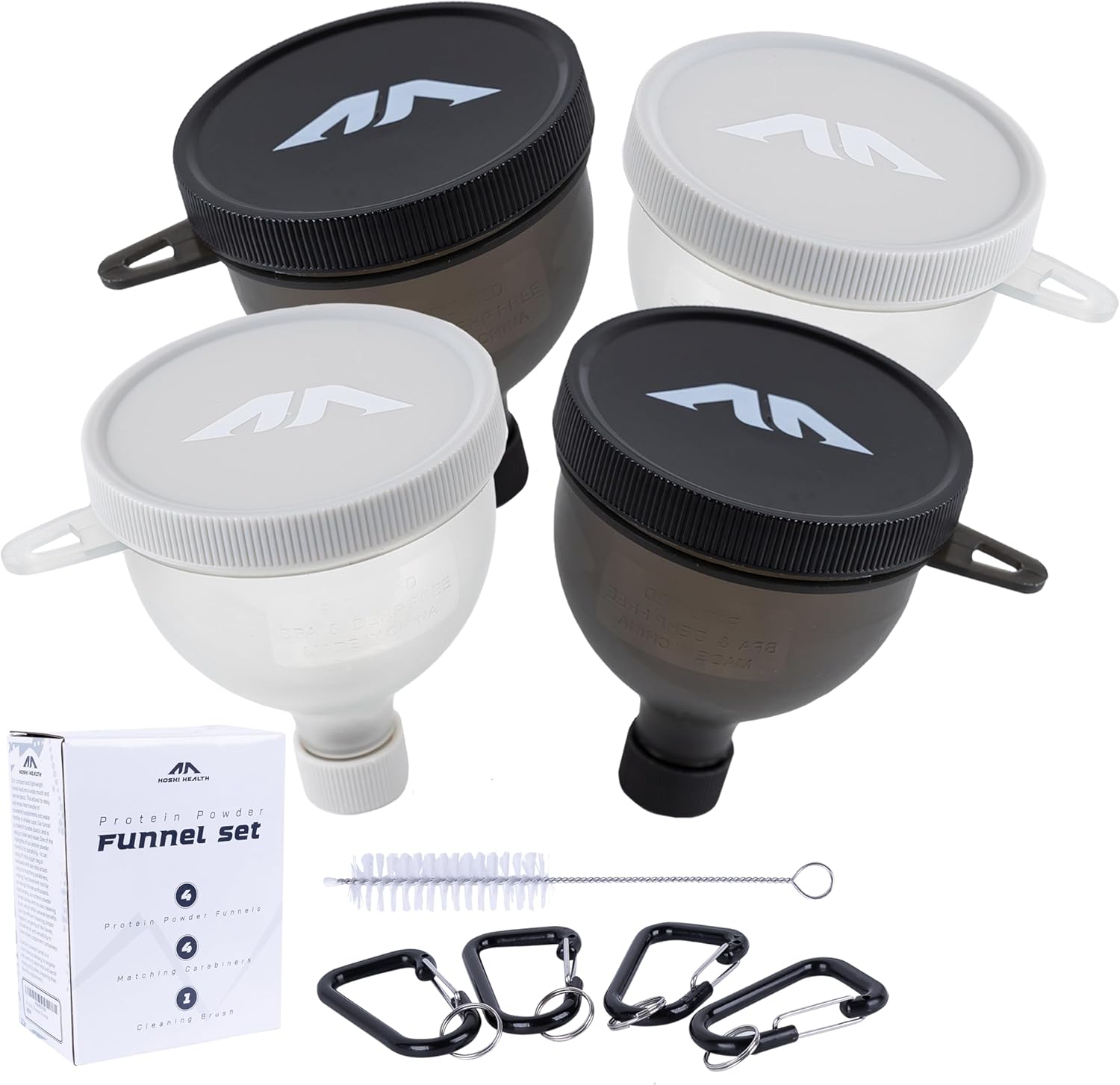 Protein Powder Funnel Set – Sleek Water Bottle Funnel for Powder Supplement with Cleaning Brush & Carabiners – No-Mess, Portable Protein Powder Container to Go for Workout, Fitness, Travel – 4 Pack