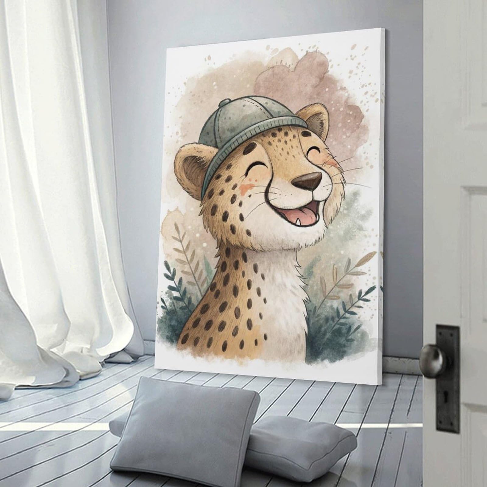 Junmoney Cute Cheetah Cub Wearing A Hat Canvas Wall Picture 20x30inch(50x75cm), for Contemporary Homes, Apartments Or Offices, Wall Decor with Flexible Room Appeal