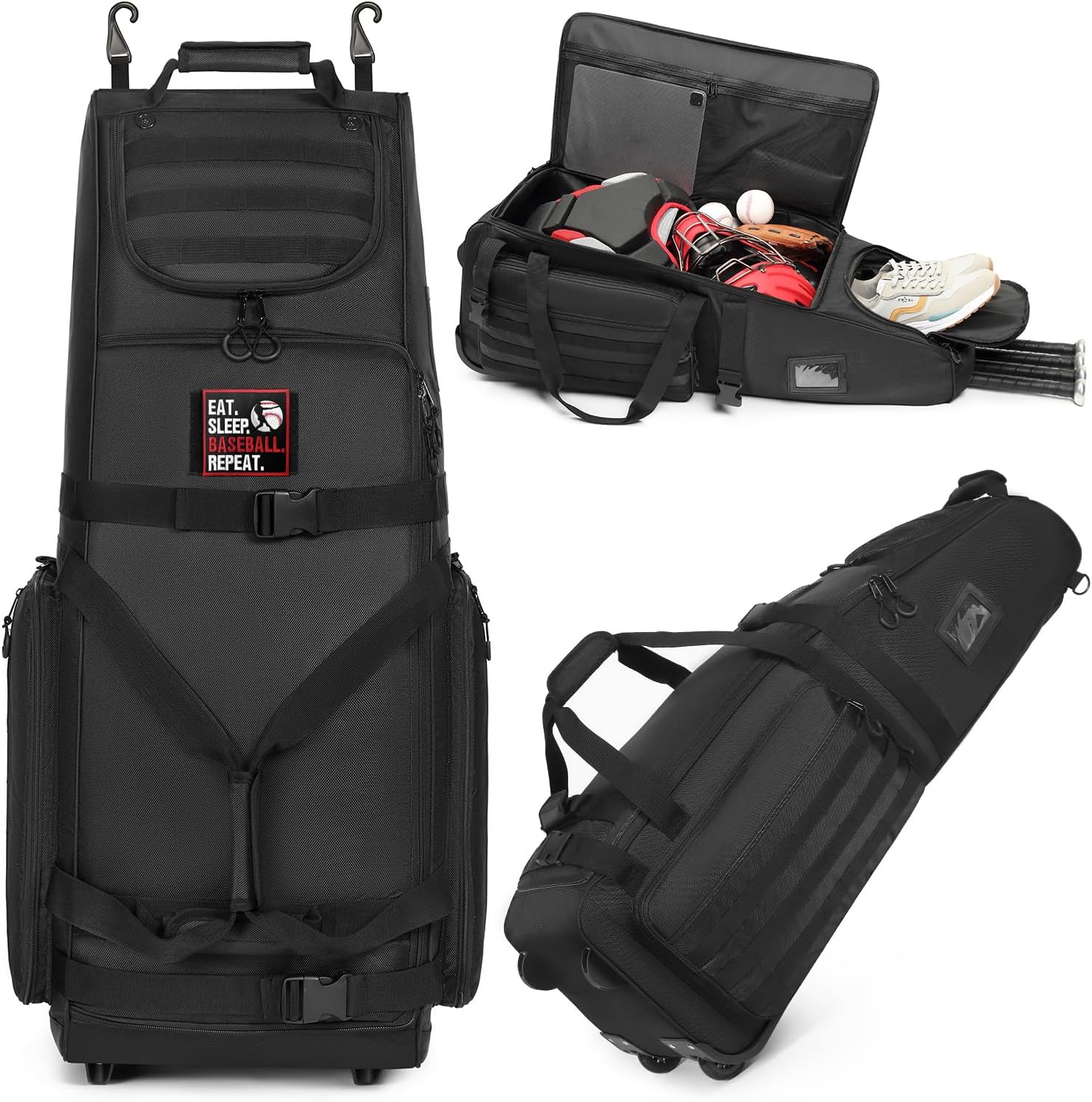 Large Rolling Baseball Catchers Gear Bag with Wheels, Softball Bag Holds 4 Bats with Insulated Pocket Shoe Compartment for T-Ball Adult, Baseball Equipment Duffle Bag