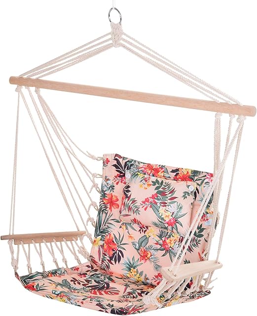 Outsunny Garden Outdoor Hanging Hammock Chair Thick Rope Frame Wooden Arms Safe Wide Seat Garden Outdoor Spot Stylish Multicoloured floral