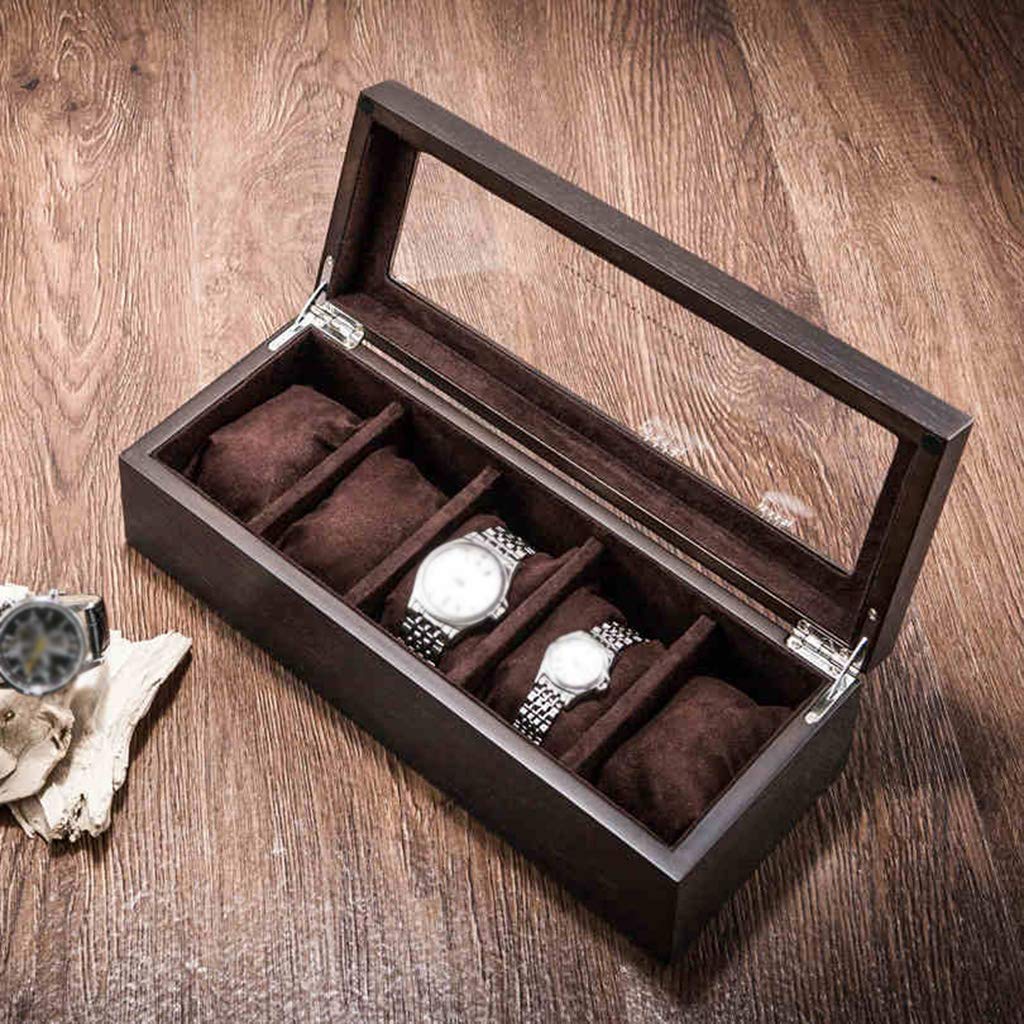 Boîte à Montres Présentoir de Bijoux Collection d'objets de Rangement Organisateur de casiers Plateau en Bois 5 Grille avec Doublure en Velours, Fermoir en métal