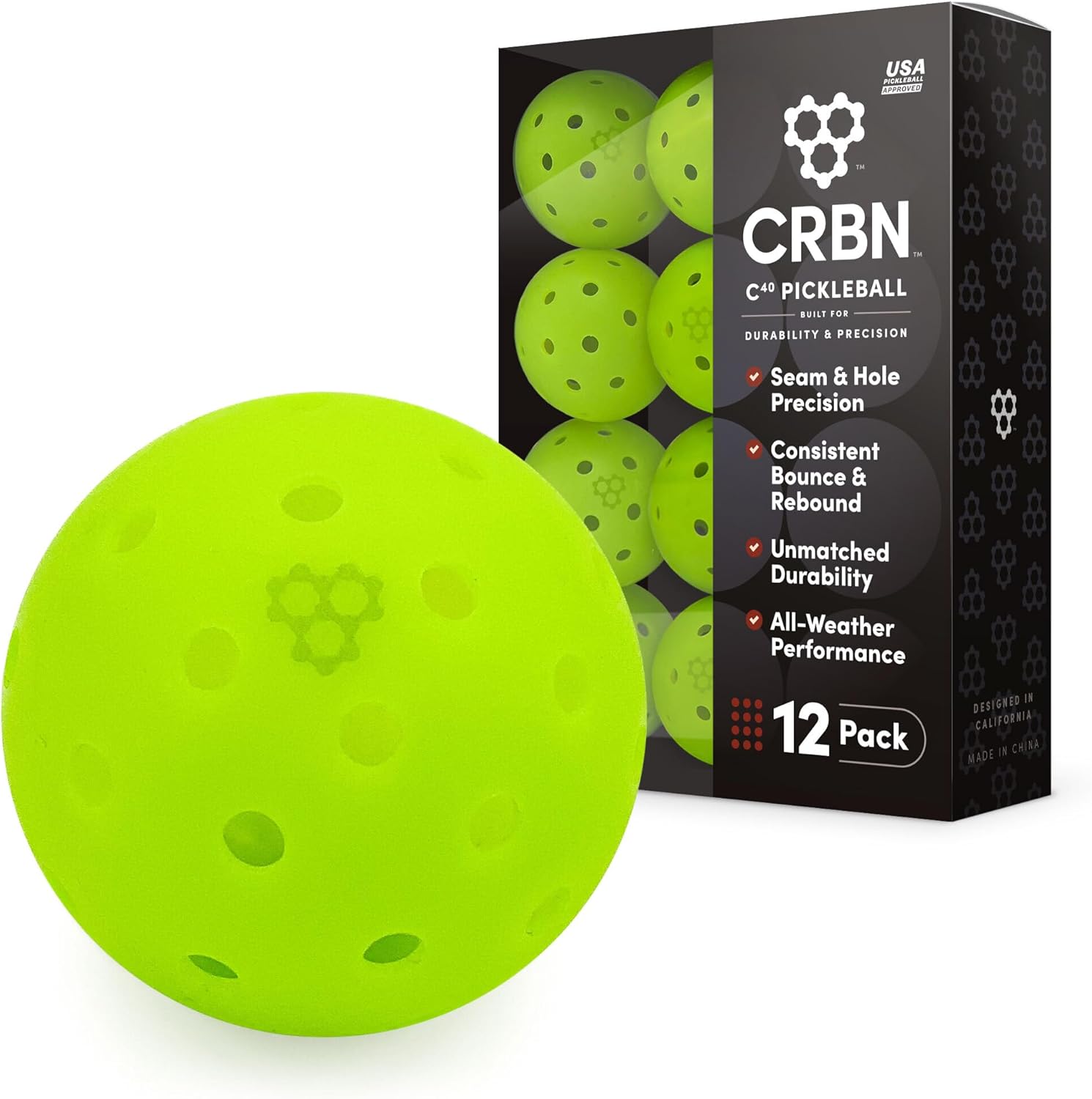 CRBN Pickleball - C40 Balls - Outdoor Pickleball Balls - Built for Durability & Precision - Roto-Molded 1-Piece Design