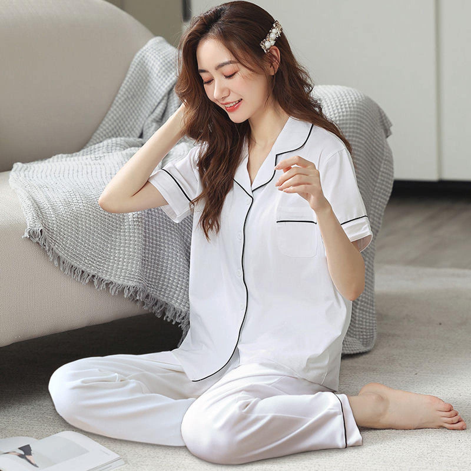 Un Pijama Cómodo Pijamas De Mujer Pijamas De Mujer Pijamas De Mujer Conjunto De Pijamas De Algodón 100% De Manga Corta Pijama De Dormir Cuna Pura,White-XXL