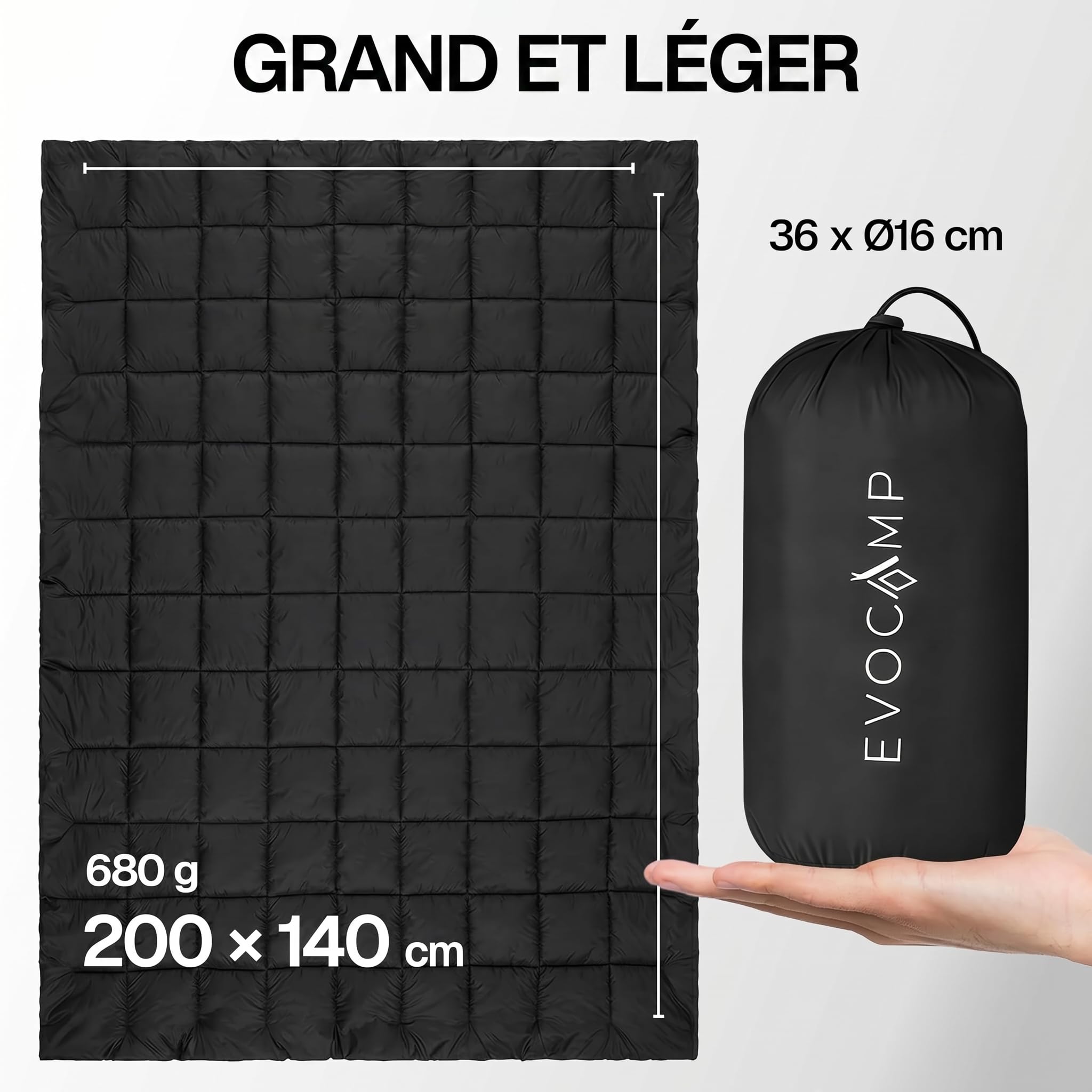 EVOCAMP Couverture de Camping 200x140 cm, imperméable, ultralégère, 0,68 kg, avec Sac de Rangement, Pliable, idéale pour Le Camping et Les activités Outdoor, Noire