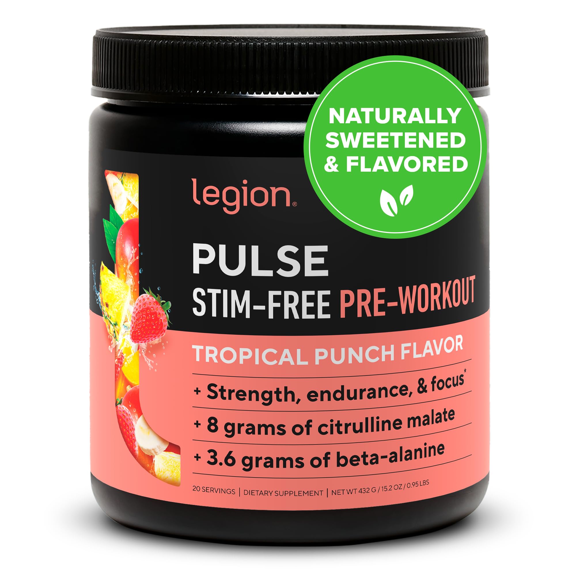 LEGION Pulse Pre Workout Supplement - All Natural Nitric Oxide Preworkout Drink to Boost Energy, Creatine Free, Naturally Sweetened, Beta Alanine, Citrulline, Alpha GPC (Caffeine Free Tropical Punch)