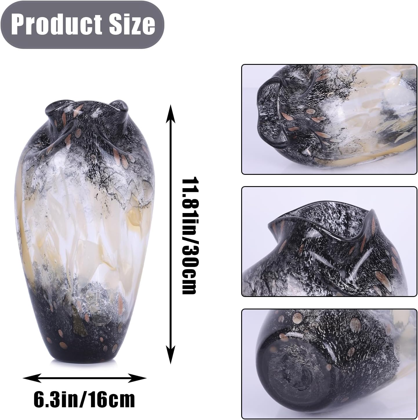 Murano Style Glass Vase, Hand Blown Decorative Art Vase with Ruffled Opening for Flowers, Shelf Tabletop Mantel Display, Abstract Home Decor for Living Room Bedroom Blakc 11.8in
