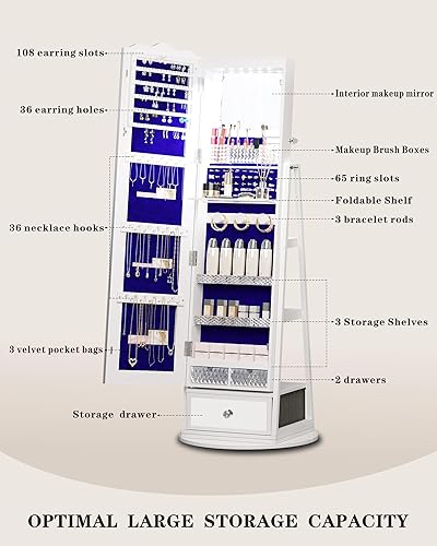 Miniatura 4 de Armario de joyería con espejo de pie de longitud completa con luces, almacenamiento y estante giratorio, color blanco