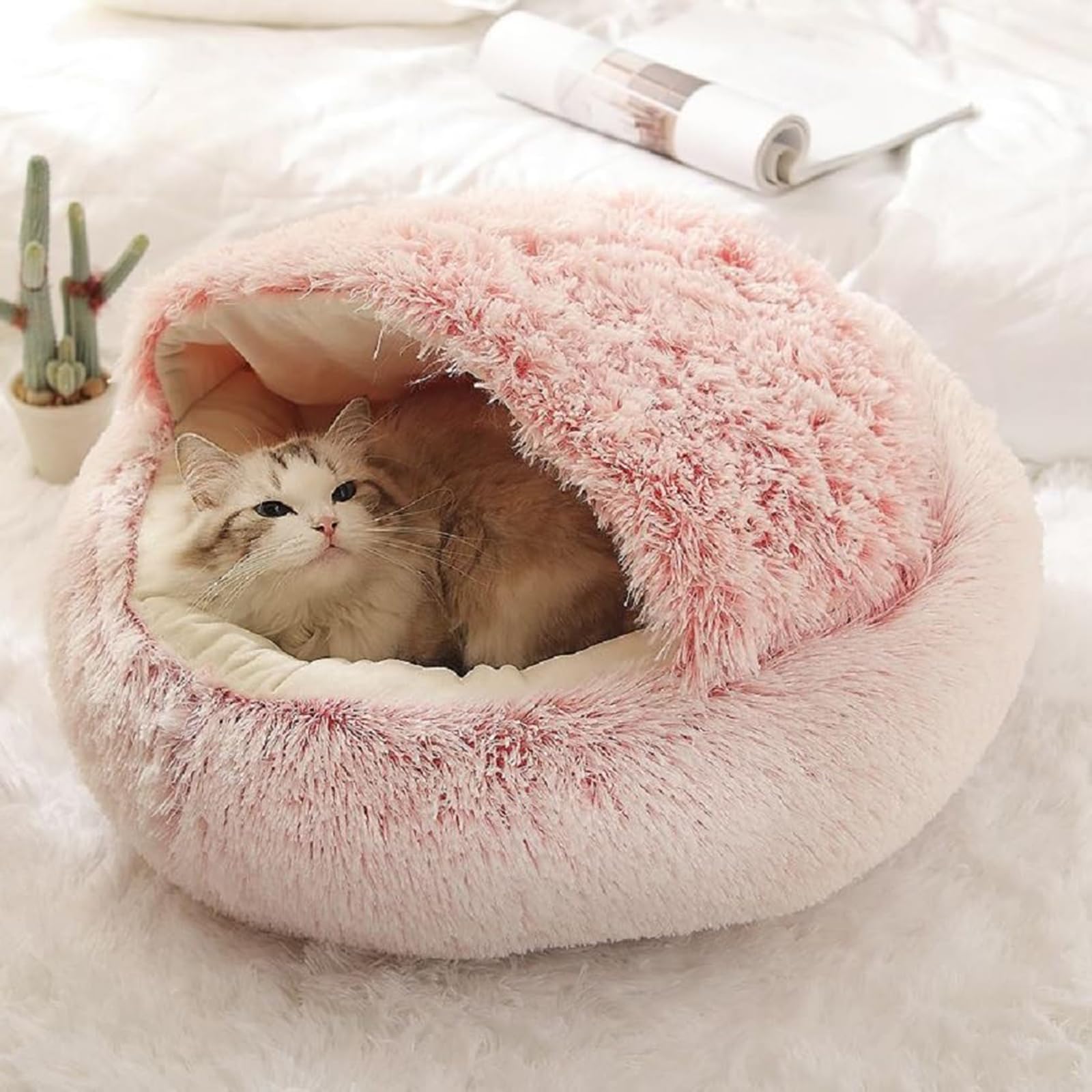 Beskie Calming Dog Bed & Cat Bed, Fluffy Plush Puppy Cushion, Kitten Cave, Small Dog Donut Cave, Indoor Cat Sleeping Bag - Image 3