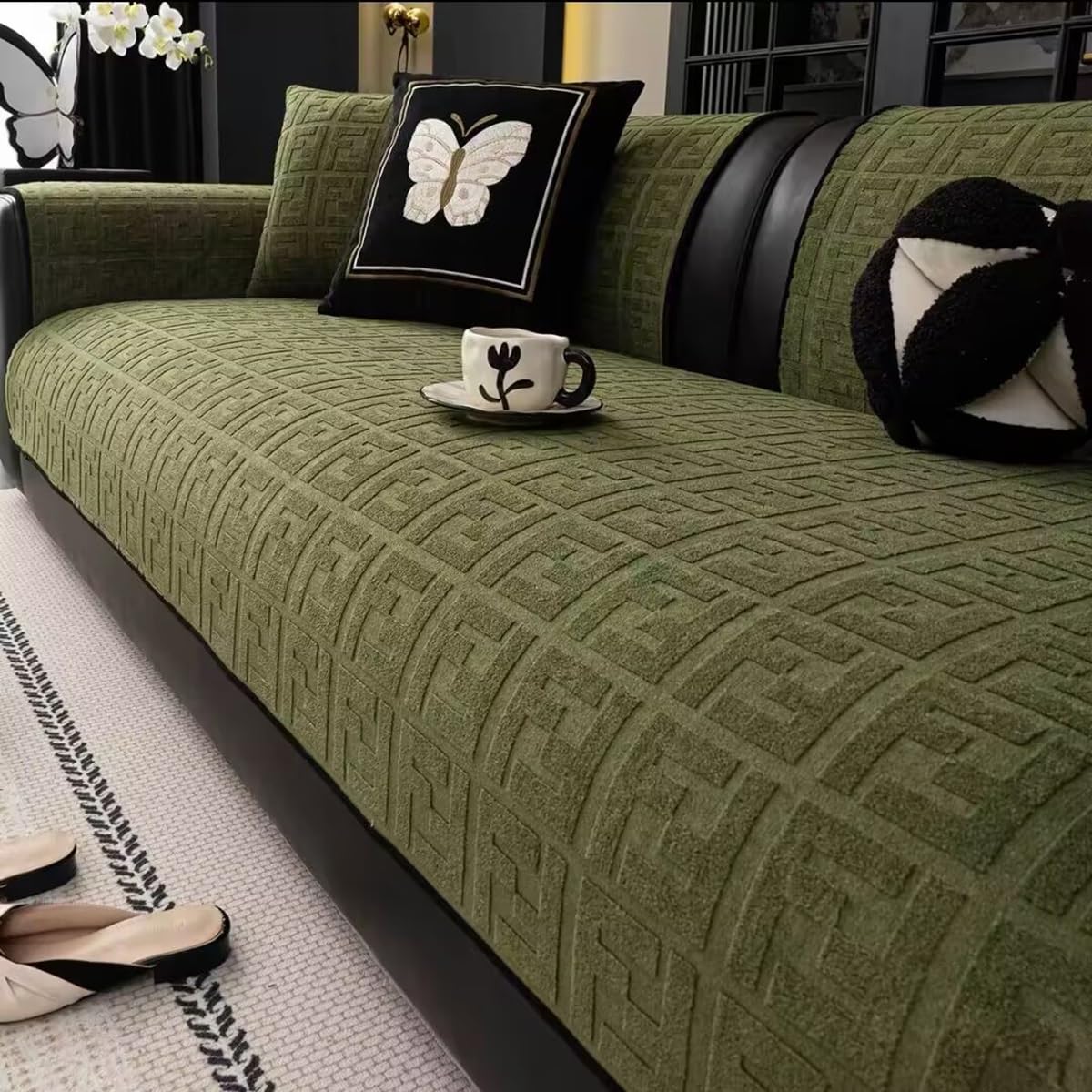 ZGWRYI Settee Covers 3 Seater,Thick Plush Sofa Covers Non Slip,Soft Warm Couch Seat Protector Pads Throws for Furniture Settees Corner Armchairs(Green,90x240cm)