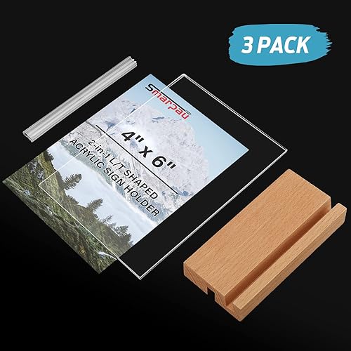 Miniatura 2 de Smarpau Soporte acrílico de 4 x 6 pulgadas con base de madera, paquete de 3 soportes 2 en 1 en forma de L/T 2 en 1, soporte de letrero de mesa