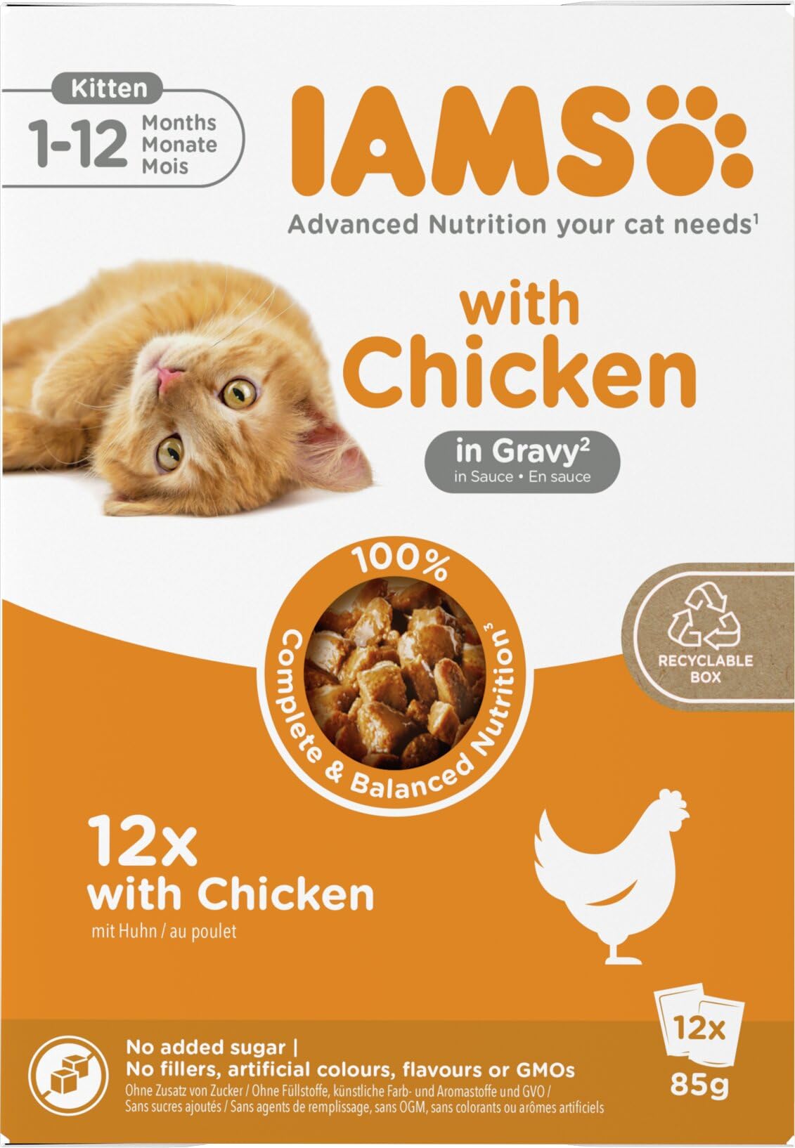 IAMS Advanced Nutrition Alimento húmedo en Salsa, para Gatitos con Pollo, 12 x 85g