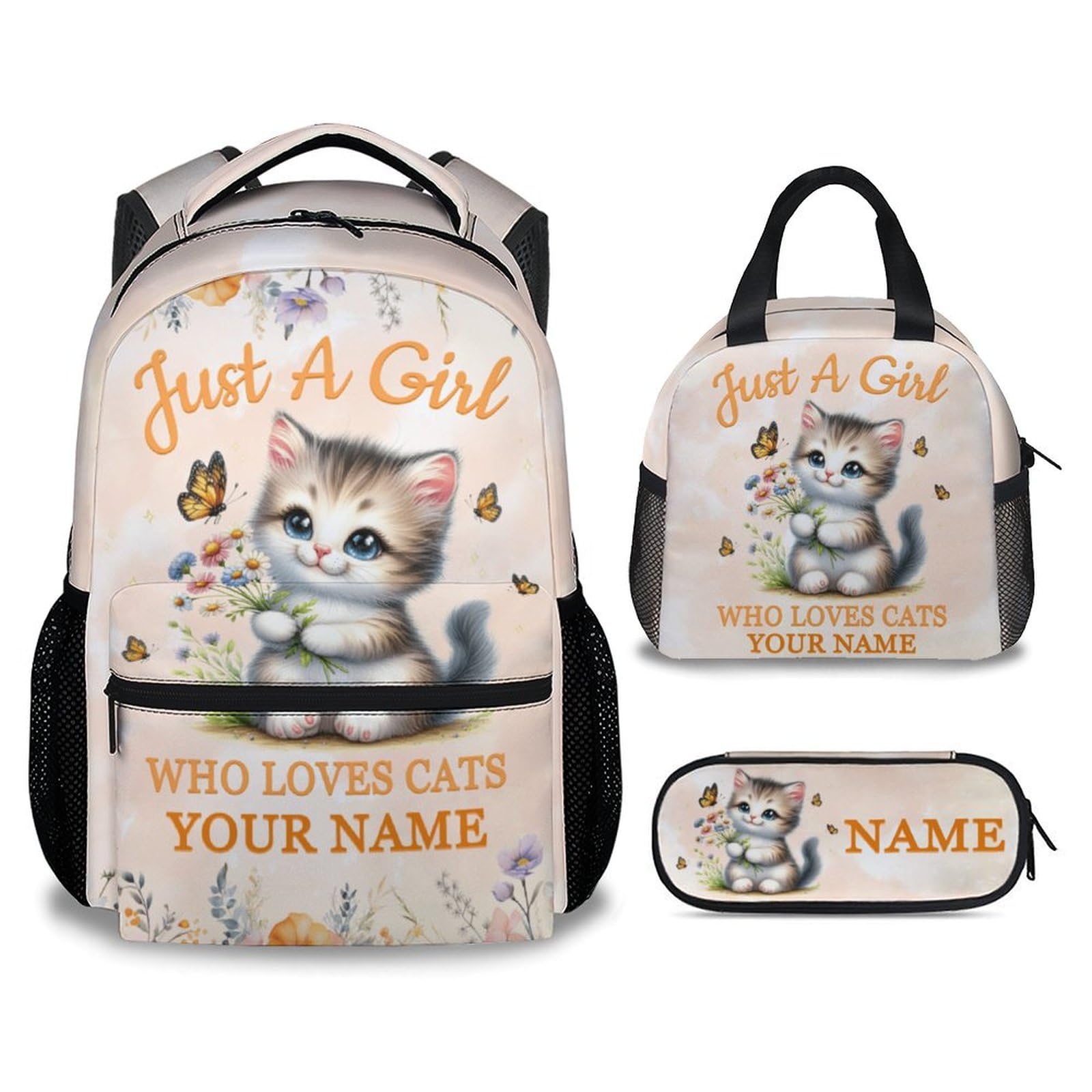 Personalized Cat Backpack with Lunch Box Set for Kids, Set of 3 Primary School Backpacks Matching Combo, Cute Orange Bookbag And Pencil Case Bundle