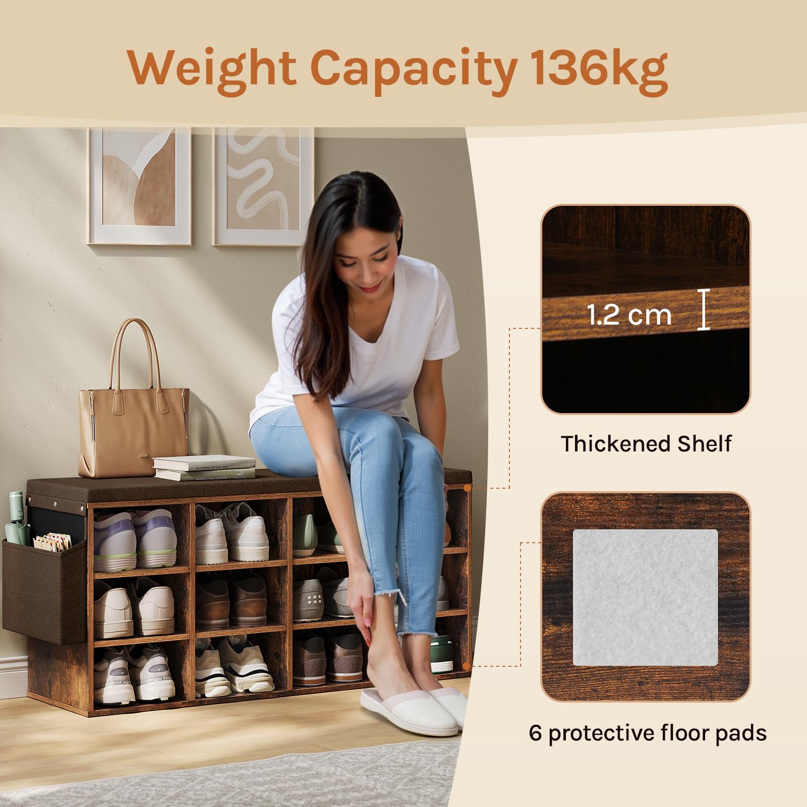 WOLTU Panca Scarpiera da Ingresso, Scaffale Porta Scarpe a 12 Scomparti con Seduta Imbottita, Mobile da Ingresso Salvaspazio in Legno, Marrone Rustico+Marrone, 102x30x48,5 cm