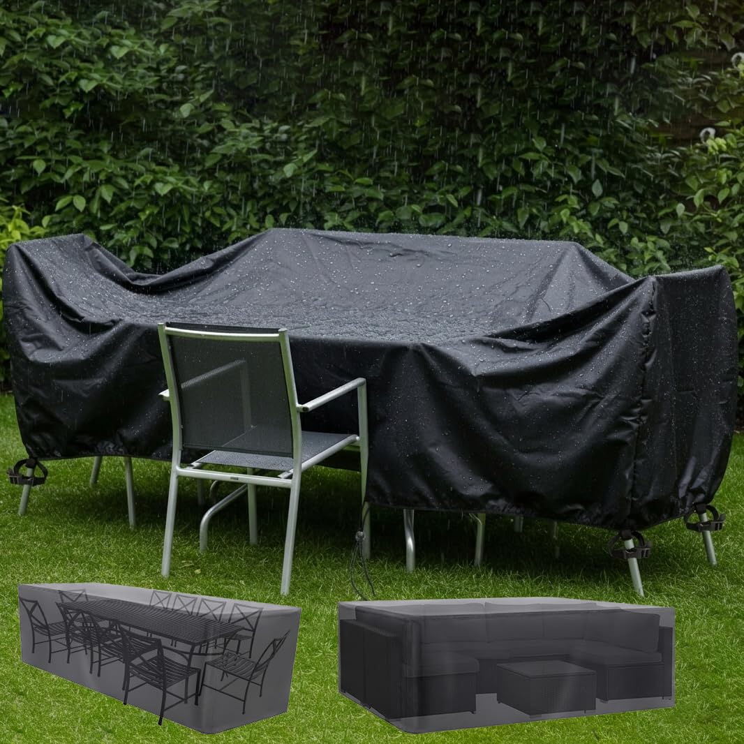 Housse de Protection Salon de Jardin 200x125x105 cm | Bâche pour Meubles et Table Extérieure Imperméable | Tissu Oxford 420D Robuste avec Cordon de Serrage, Noir