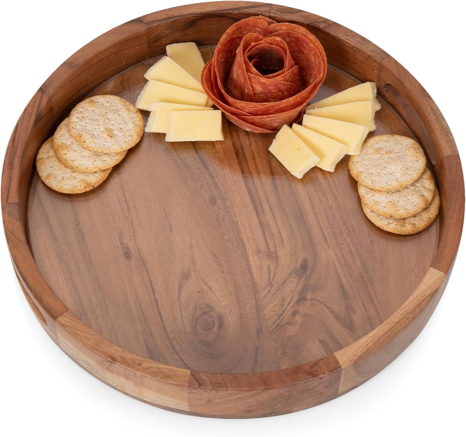 PICNIC TIME NFL Barista Serving Tray with Glass Insert, Round Acacia Wood Cheese Board, Serving Platter with Handles, (Acacia Wood)