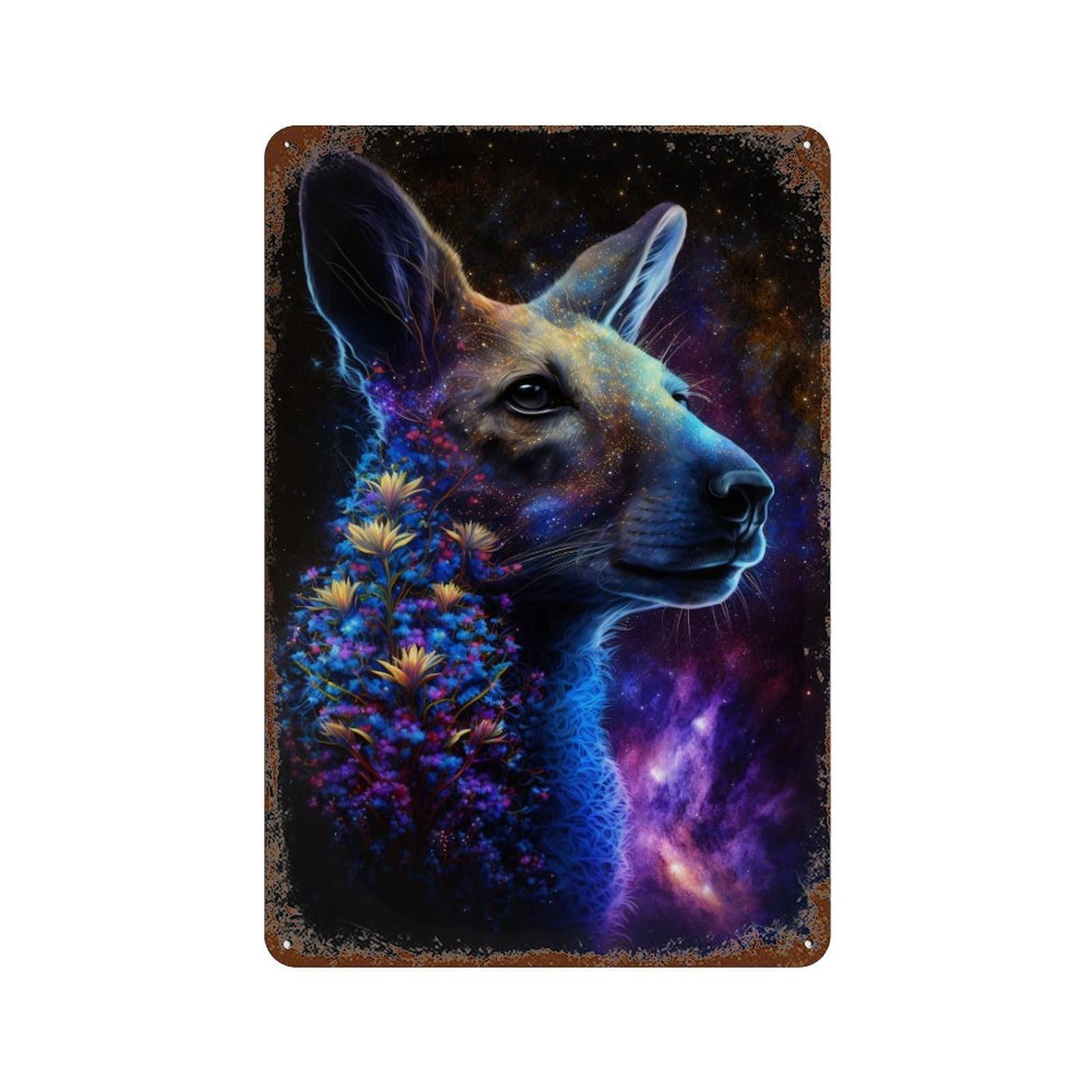 Galactic Kangaroo with Flowers -1 Rustic Tin Plaque 11.8"x7.9", Rustic Home Decor for Office, Studio And Wall Decor