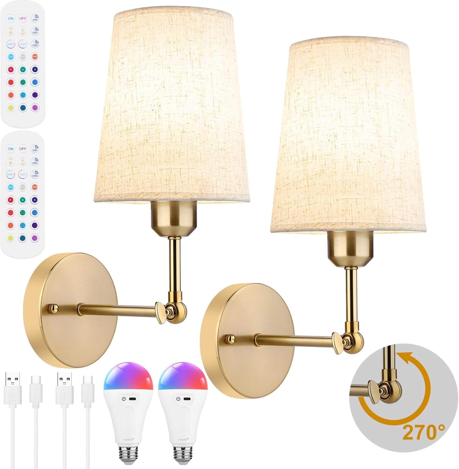 Battery Operated Wall Sconce Set of Two,Modern Gold Rechargeable Wall Lights with 5200mAh RGB Bulb and Remote Control, 270°Rotation Dimmable Battery Powered Wireless Wall lamps for Bedroom Living Room