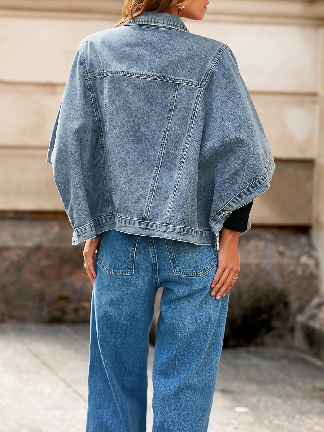 Tankaneo Womens Jean Jacket Oversized Cropped Short Sleeve Cotton Denim Jacket Fall Trendy Cape Outerwear with Pockets - Image 3