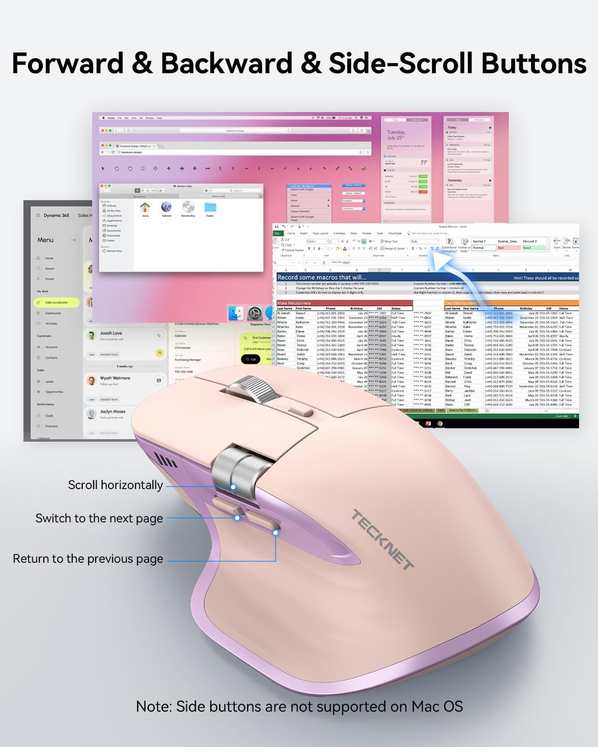 TECKNET Wireless Mouse, Bluetooth Mouse (BT5.3/5.0 & 2.4G) Rechargeable Ergonomic Optical Mouse with 6 Adjustable DPI, Side Scroll, USB A Receiver, 7 Buttons, Wide Compatibility - Pink & Purple