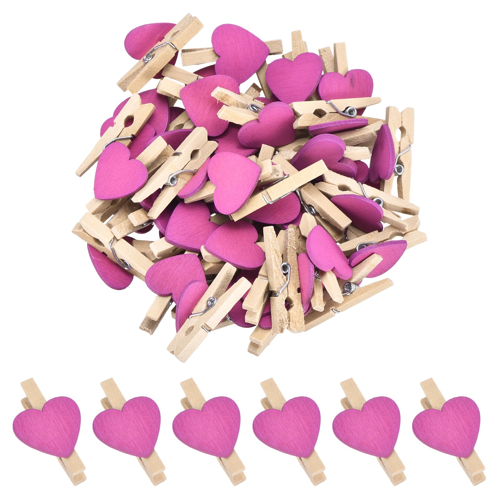 sourcing map 100Pcs Mini Heart Photo Clips, 3cm Wooden Clothespins for Pictures Small Clothes Pins for Hanging Memo Card DIY Crafts Paper Photo Postcard Wedding Display, Purple