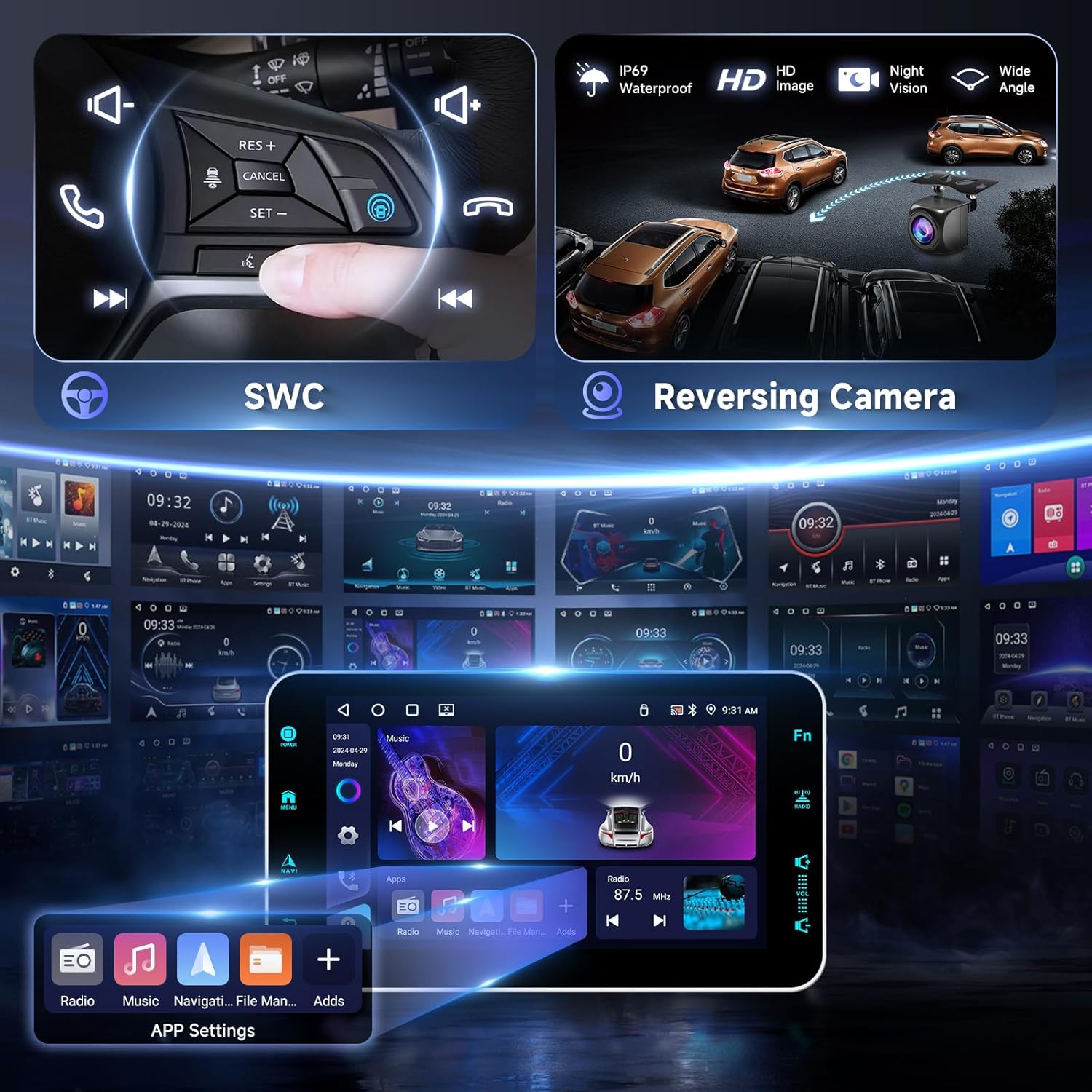 4G+64G Andriod Single Din 9-Inch Touchscreen Car Stereo with Wireless Carplay Android Auto, Car Radio Rotatable Screen 1 Din Bluetooth Mirror Link GPS WiFi, FM/RDS EQ with Backup Camera+Phone Holder