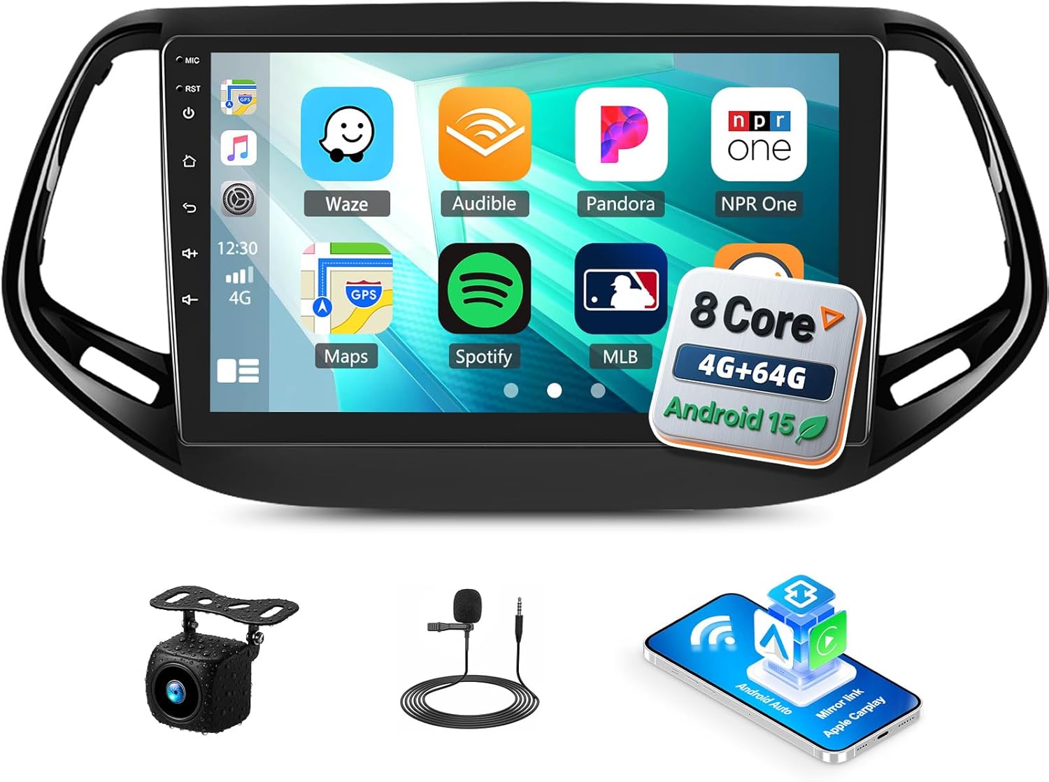 [4G+64G] 8-Core Qualcomm Android 15 Car Stereo for Jeep Compass 2017 2018 2019 2020 with CarPlay & Android Auto& Mirror Link,10.1" Car Radio with Bluetooth5.1 GPS WiFi FM/RDS DSP EQ SWC+Backup Camera
