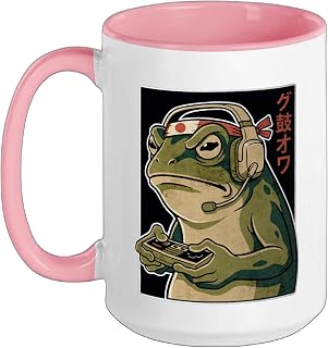 Japanese Gamer Frog Controller 4 Men Women Boy Funny Gaming Ceramic Mug, Pink/White, 15oz