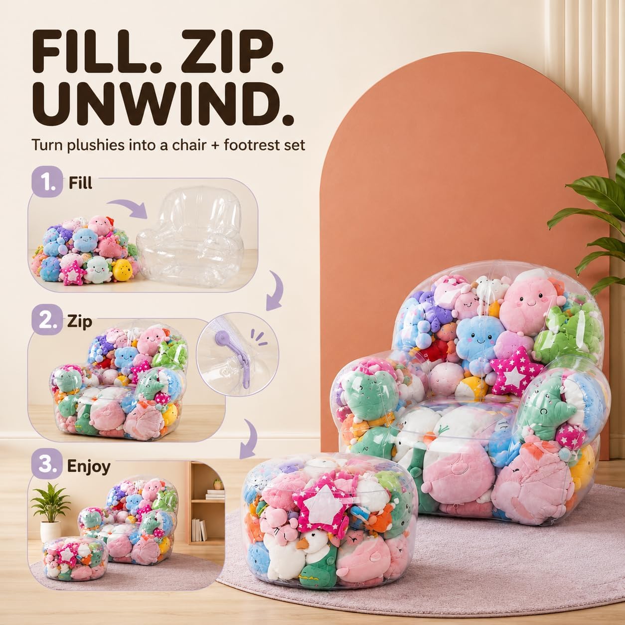 2 PCS Clear Stuffed Animal Storage Chair with Footstool, 2-Piece PVC Bean Bag Chair Set for Plushies, 37.4 x 31.5 x 37.8 in, 340 lb Capacity