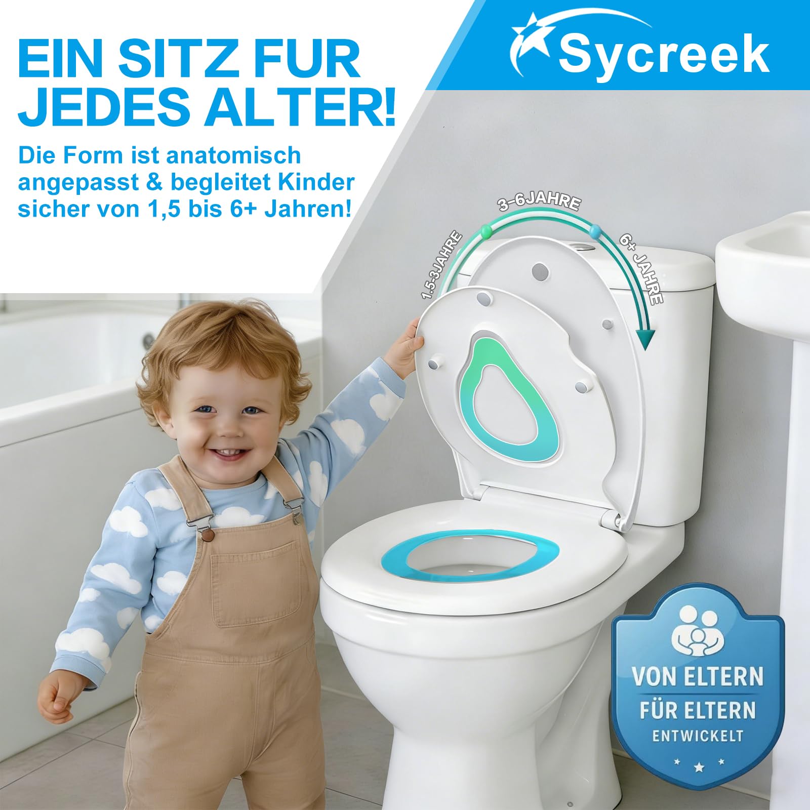 Toilettenbrille mit Kindersitz & Soft-Close – Klodeckel mit herausnehmbarem Kindereinsatz, Quick-Release & Antibakteriell – Robuster Toilettendeckel für Standard-WCs, inkl. Montageschablone