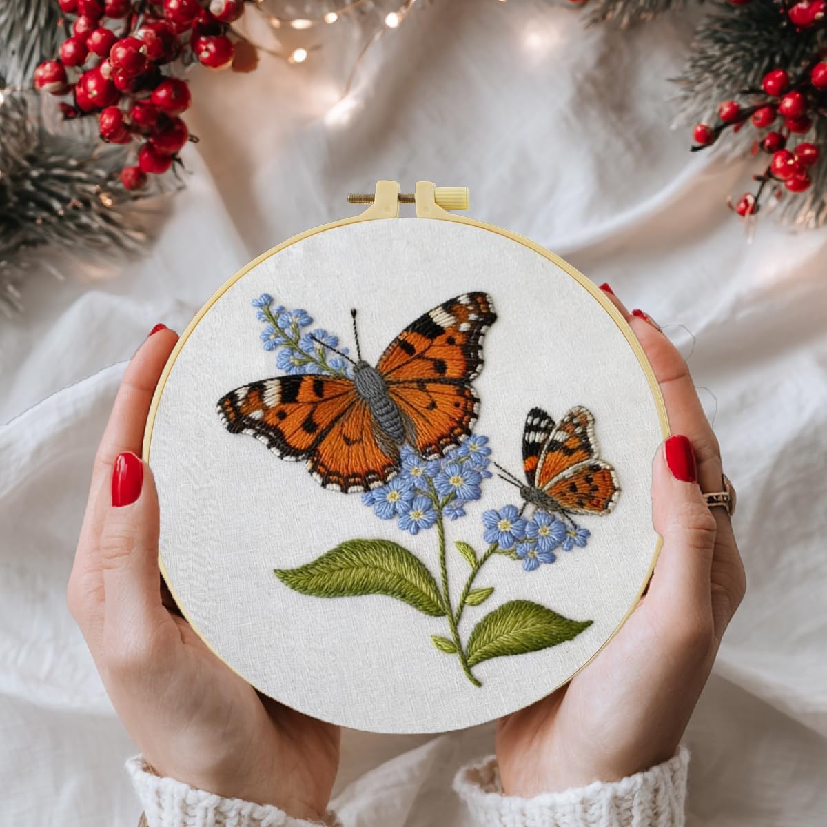 Embroidery Kit for Beginners – Complete Hand Embroidery Starter Set with Hoop, Pattern Cloth, Color Threads & Needles, DIY Embroidery Set for Relaxation, Home Décor & Unique Gifts (Two Butterflies) image 4