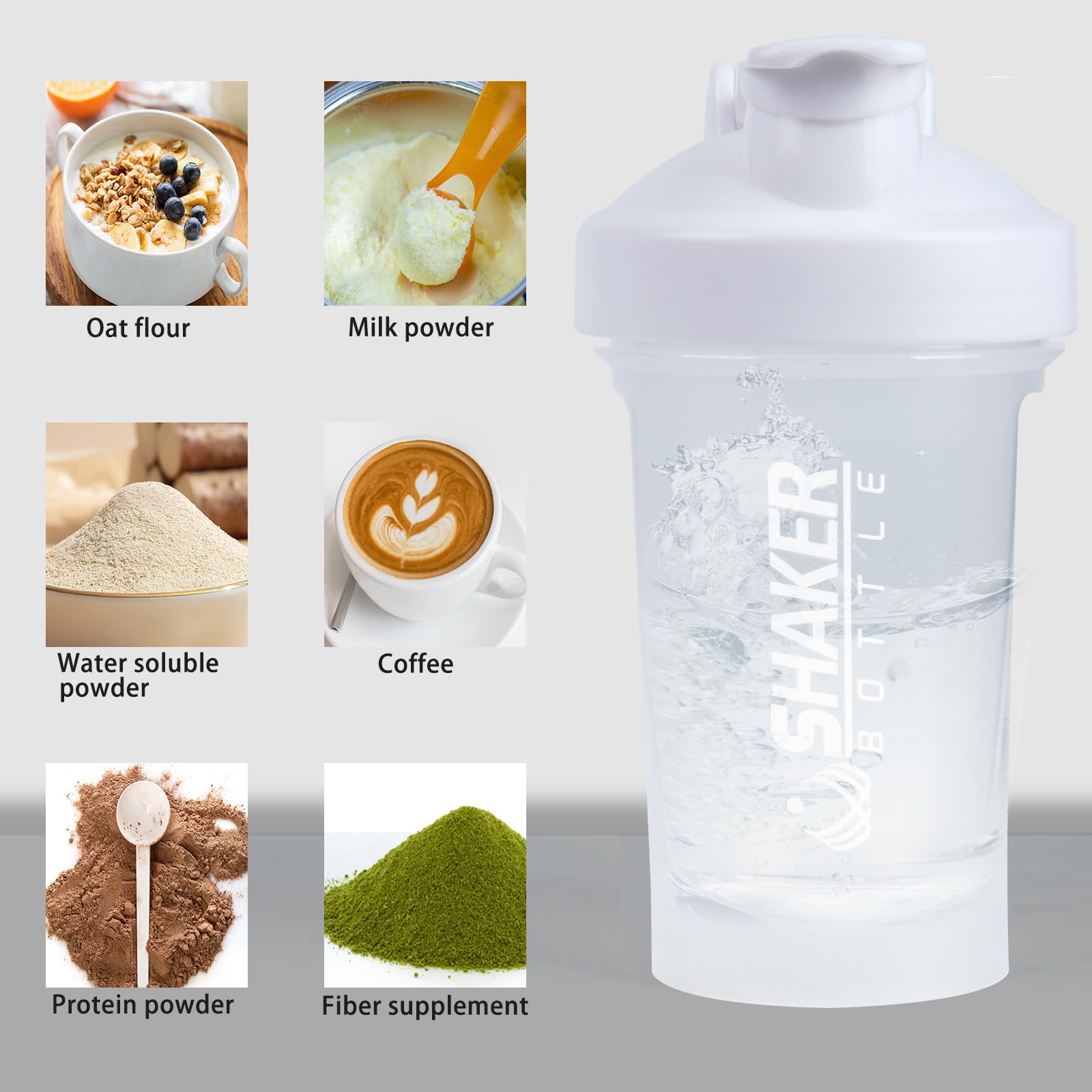 Botella mezcladora, botella pequeña de 400 ml con bola mezcladora, portátil de 14 onzas para gimnasio, para entrenamiento, sin BPA, 100 % a prueba de fugas, apta para lavavajillas (blanco)
