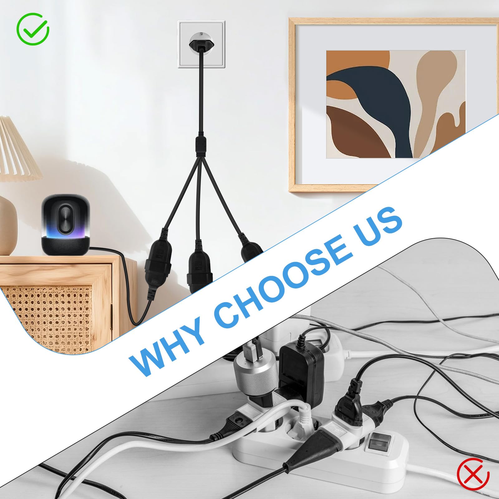 Wtyczka euro przedłużacz 3 w 1, płaska wtyczka, 0,5 m, rozdzielacz, wtyczka przedłużająca, wtyczka euro, przedłużenie do TV, PC, monitora, 250 V, czarny