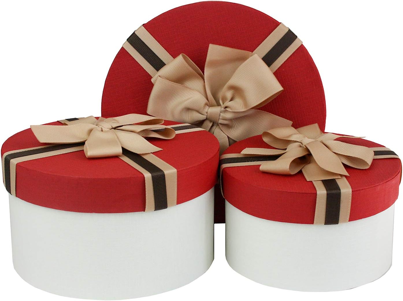 Emartbuy Set of 3 Round Gift Box, White Box with Red Lid and Striped Brown Ribbon