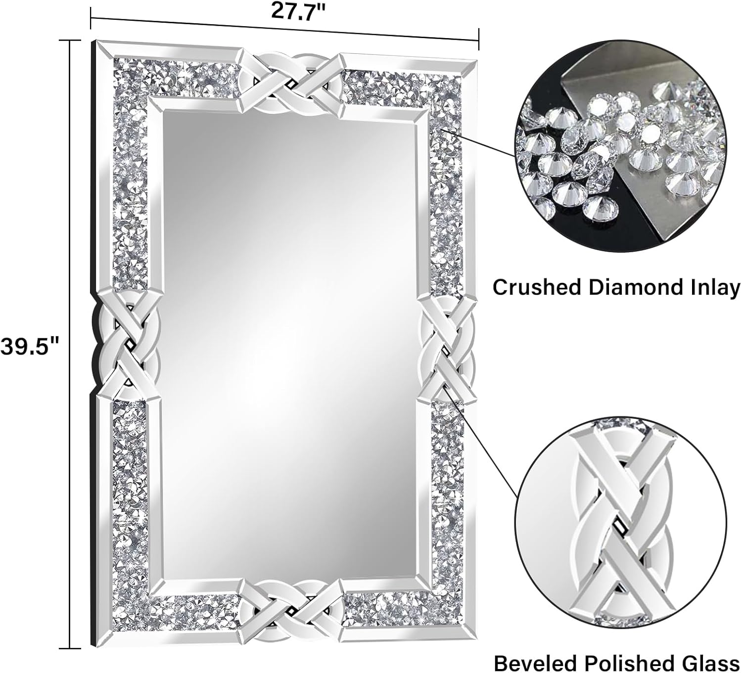 Crushed Diamond Decorative Wall Mirrors, 27.7x39.5 Inch Rectangle Living Room Mirrors for Wall Decor, Modern Glam Bathroom Dining Room Entryway Mirror Silver
