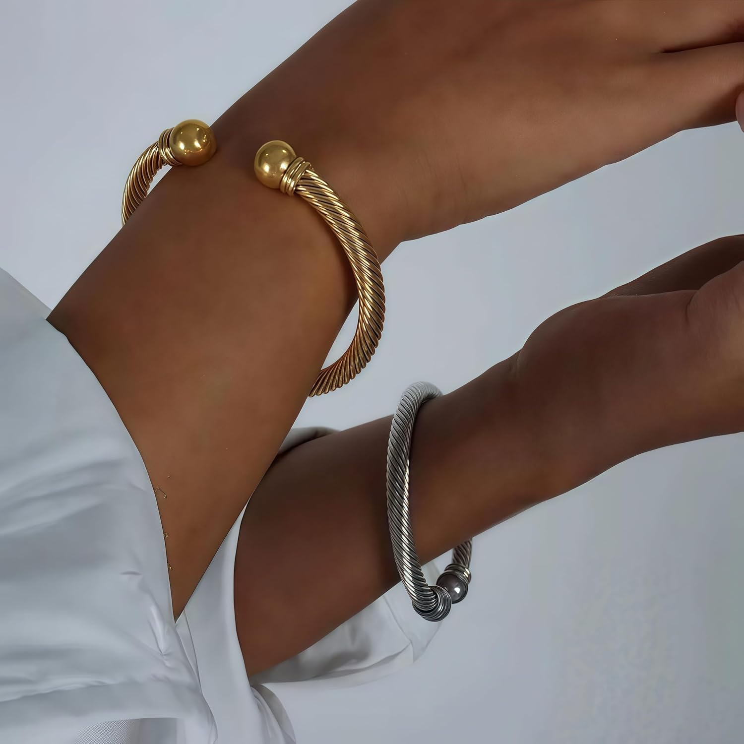 14K Gold/Silver Twisted Cable Cuff Bracelet – Vintage Adjustable Open Bangle, Unisex Gift Jewelry - Image 4