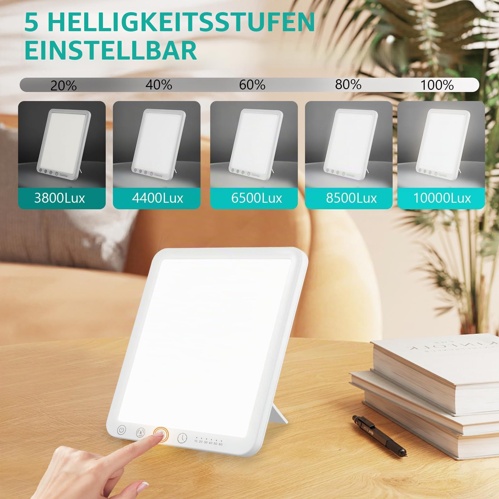 Tageslichtlampe 10000 Lux, LED Lichttherapielampe Tageslicht mit 3 Farbtemperaturen 6 Timer, LED Daylight Lampe, Touch-Control Sonnenlicht Lampe, Vollspektrumlampe für Zuhause/Büro (Rechteck)