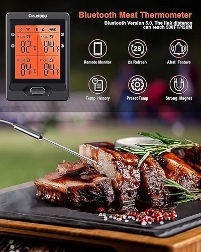 Miniatura 3 de Cloud BBQ Termómetro inalámbrico de carne de 500 pies termómetro Bluetooth para carne para horno ahumador termómetro de parrilla con cuatro sondas