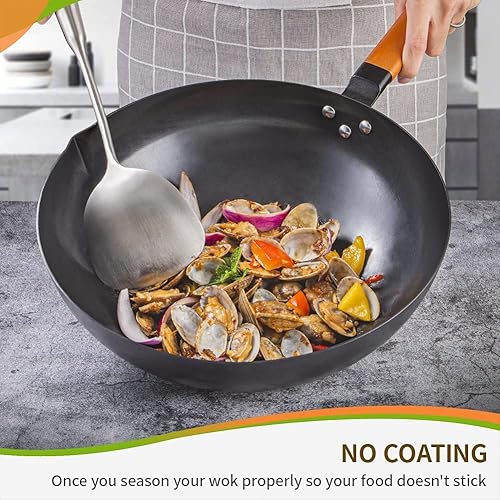 Miniatura 3 de Sartén para wok de acero al carbono natural de 125 pulgadas con tapa sin revestimiento antiadherente y sartenes olla de hierro chino tradicional 100